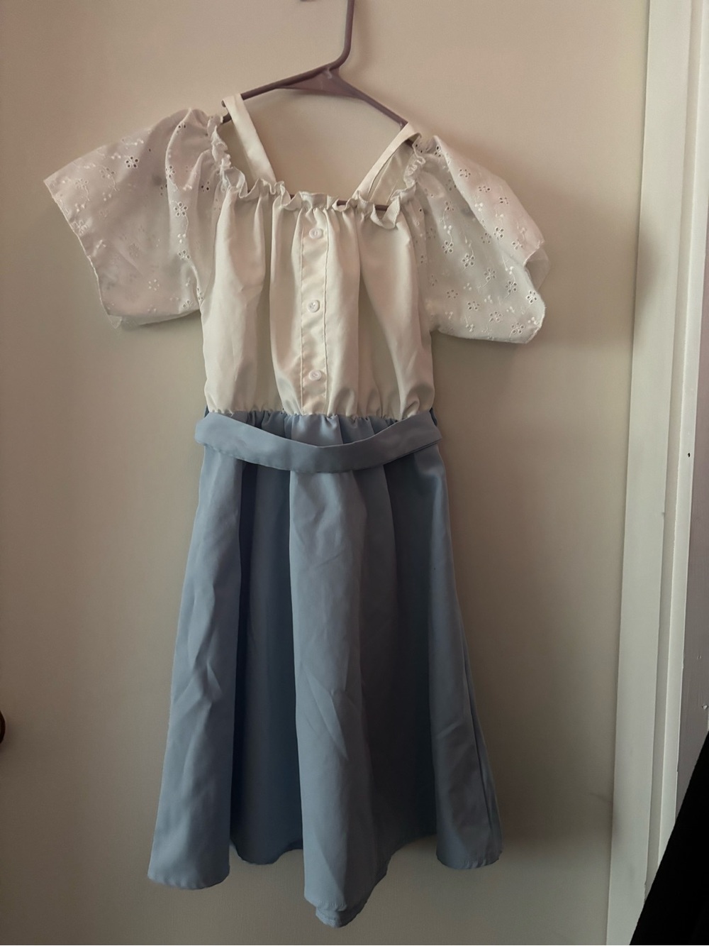 Ivory Eyelet Puff Sleeve Top with Light Blue Skirt Set